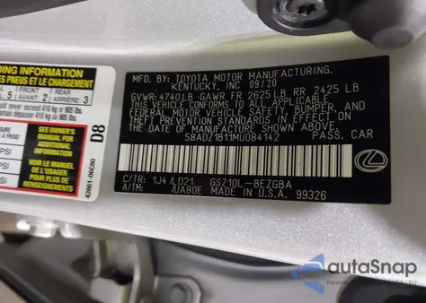 2021 Lexus Es 350 z USA, uszkodzony, nr VIN 58ADZ1B11MU084142